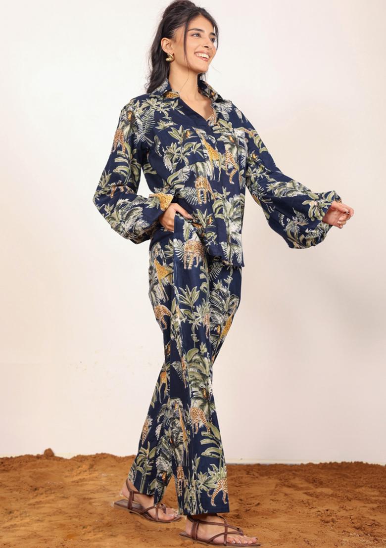 Navy Blue And Multi Printed  Cotton Co Ord Set