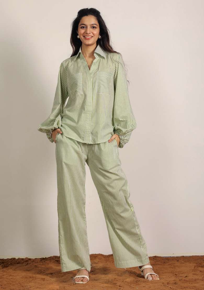 Green And White Printed  Cotton Co Ord Set - Indya