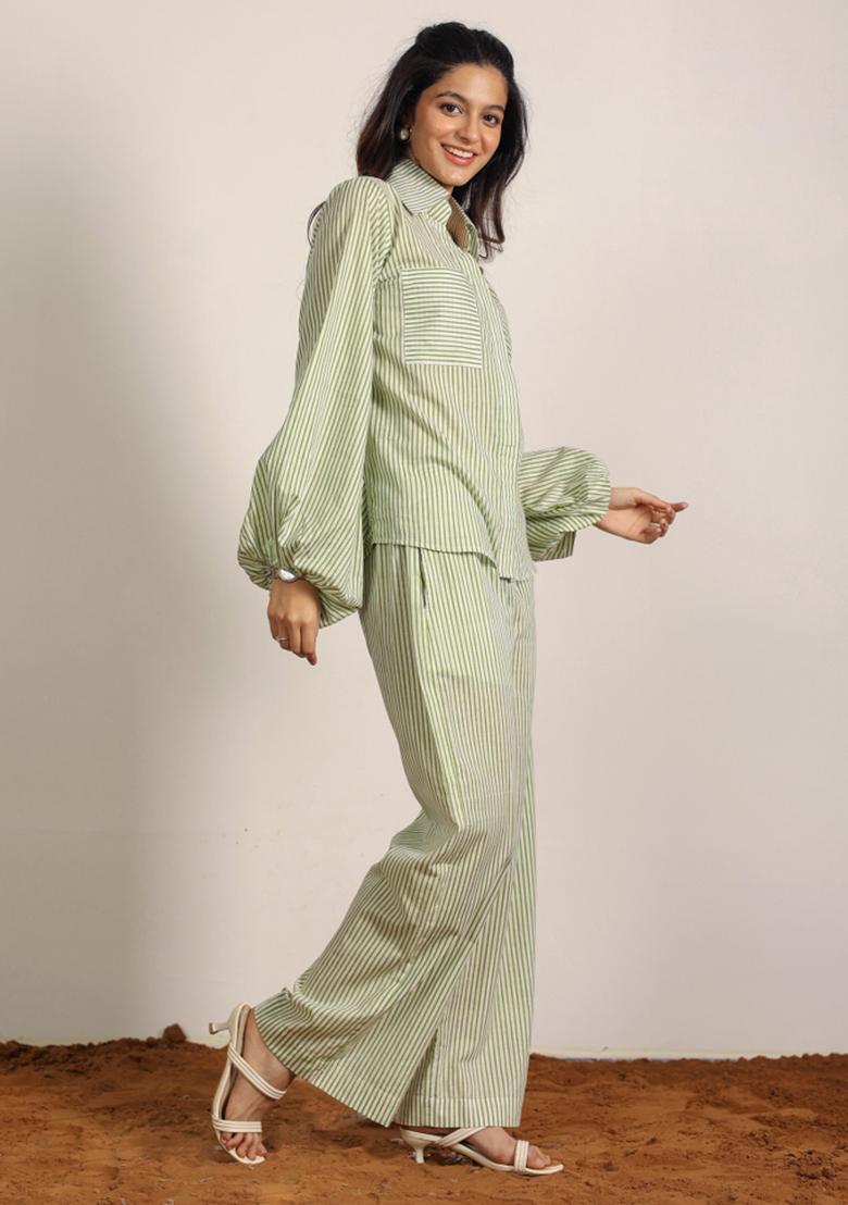 Green And White Printed  Cotton Co Ord Set