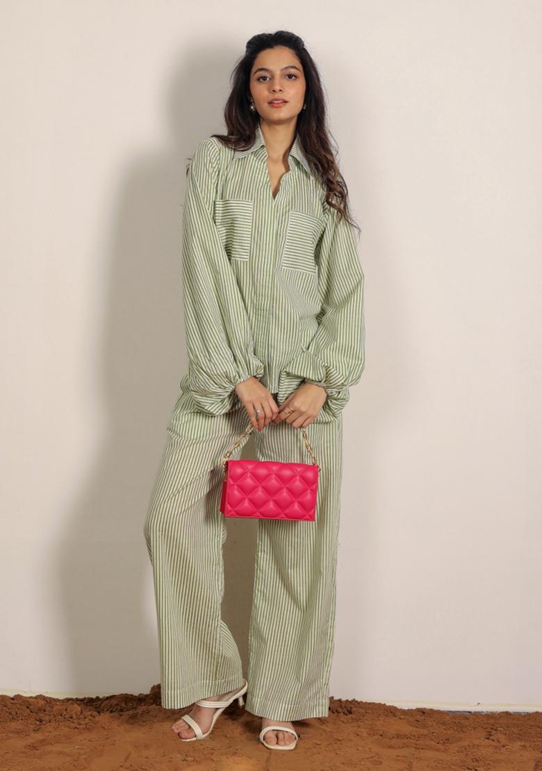 Green And White Printed  Cotton Co Ord Set