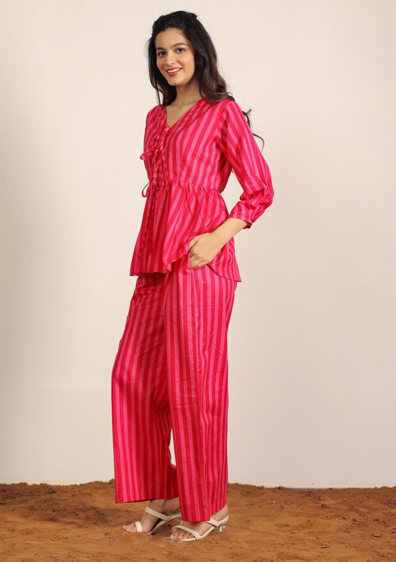Red And Pink Printed  Cotton Co Ord Set