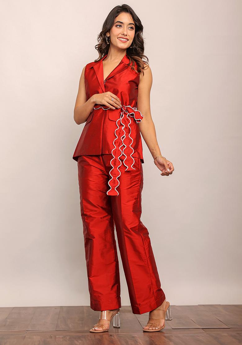 Red Printed  Taffeta Co Ord Set