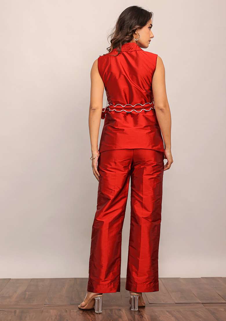 Red Printed  Taffeta Co Ord Set - Indya