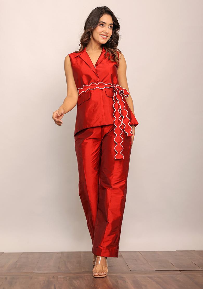Red Printed  Taffeta Co Ord Set