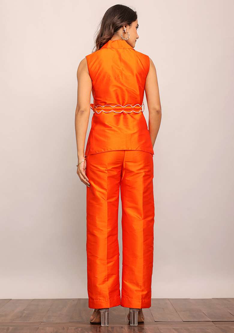Orange Printed  Taffeta Co Ord Set - Indya