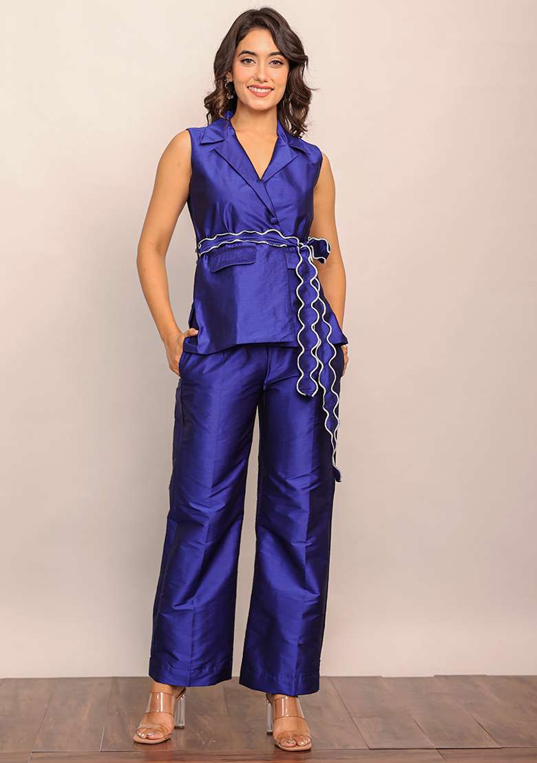 Blue Printed  Taffeta Co Ord Set - Indya