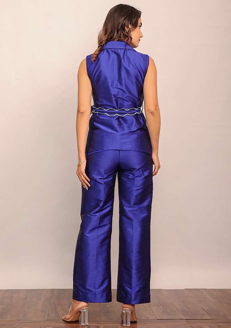 Blue Printed  Taffeta Co Ord Set - Indya
