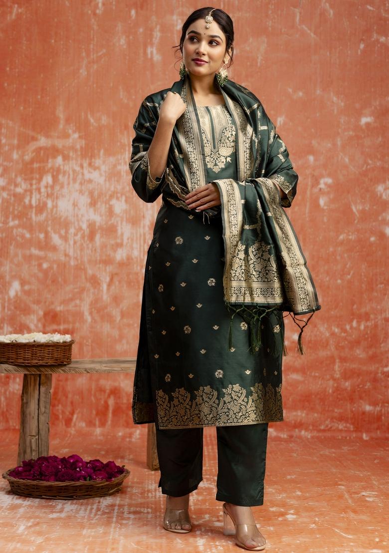 Green Zari Work Cotton Salwar Kameez