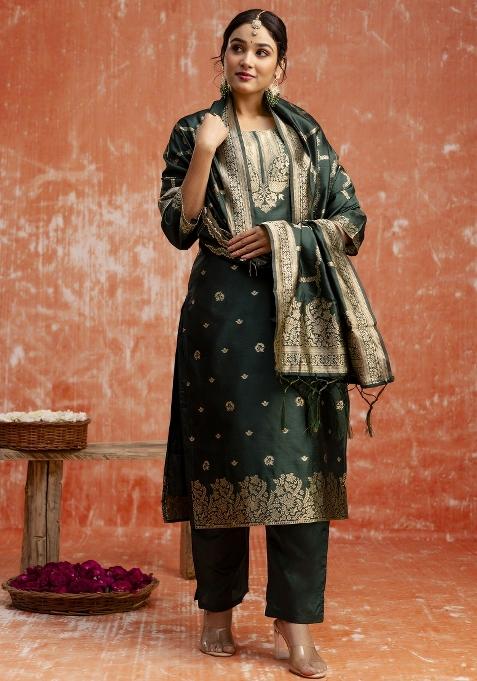 Green Zari Work Cotton Salwar Kameez