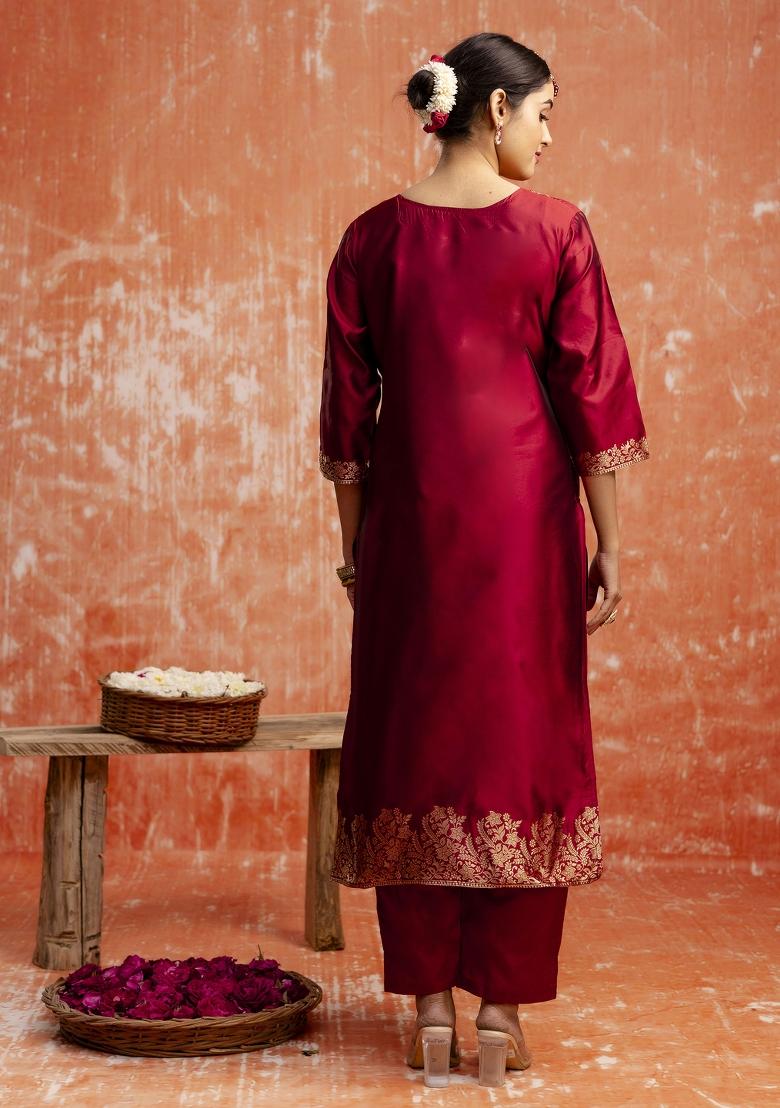 Maroon Zari Work Cotton Salwar Kameez