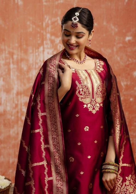 Maroon Zari Work Cotton Salwar Kameez