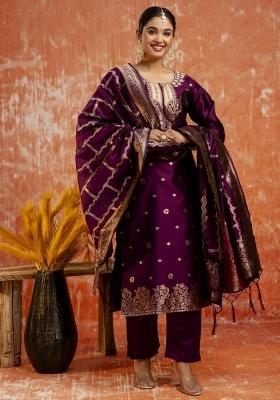 Purple Zari Work Cotton Salwar Kameez