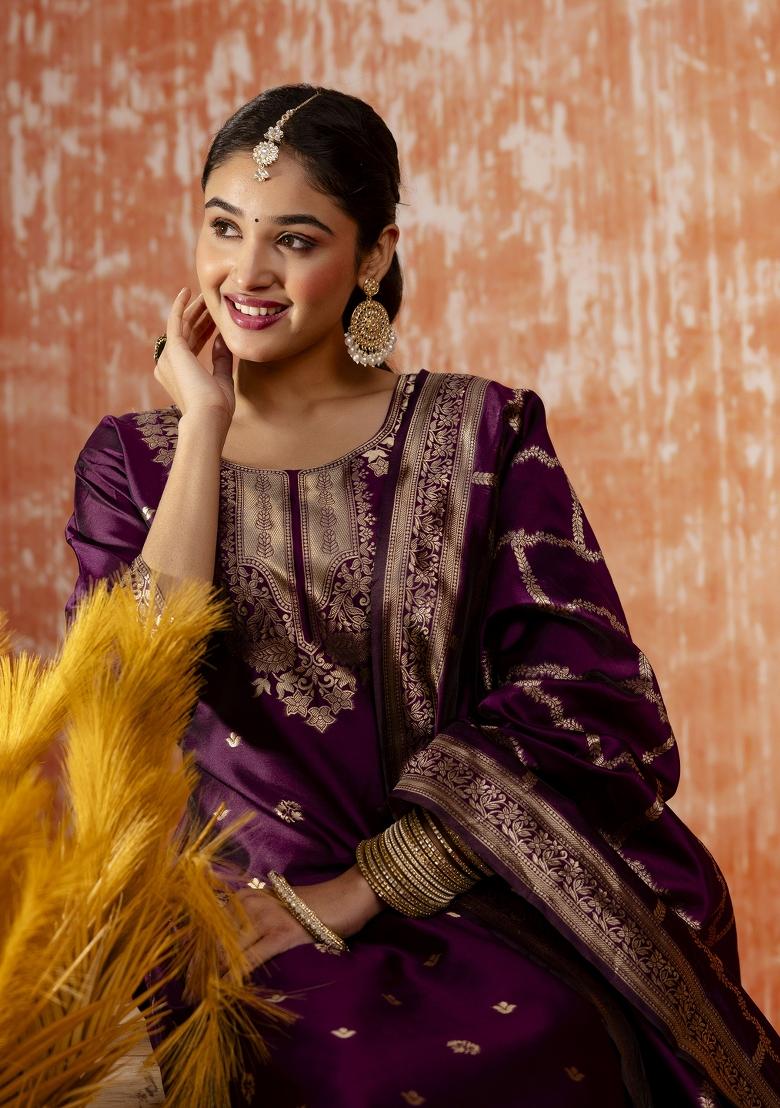 Purple Zari Work Cotton Salwar Kameez