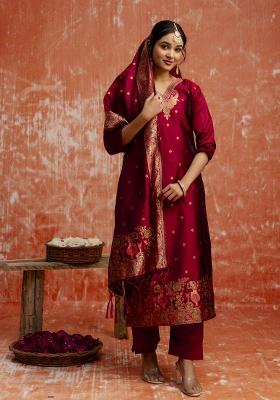 Maroon Zari Work Cotton Salwar Kameez