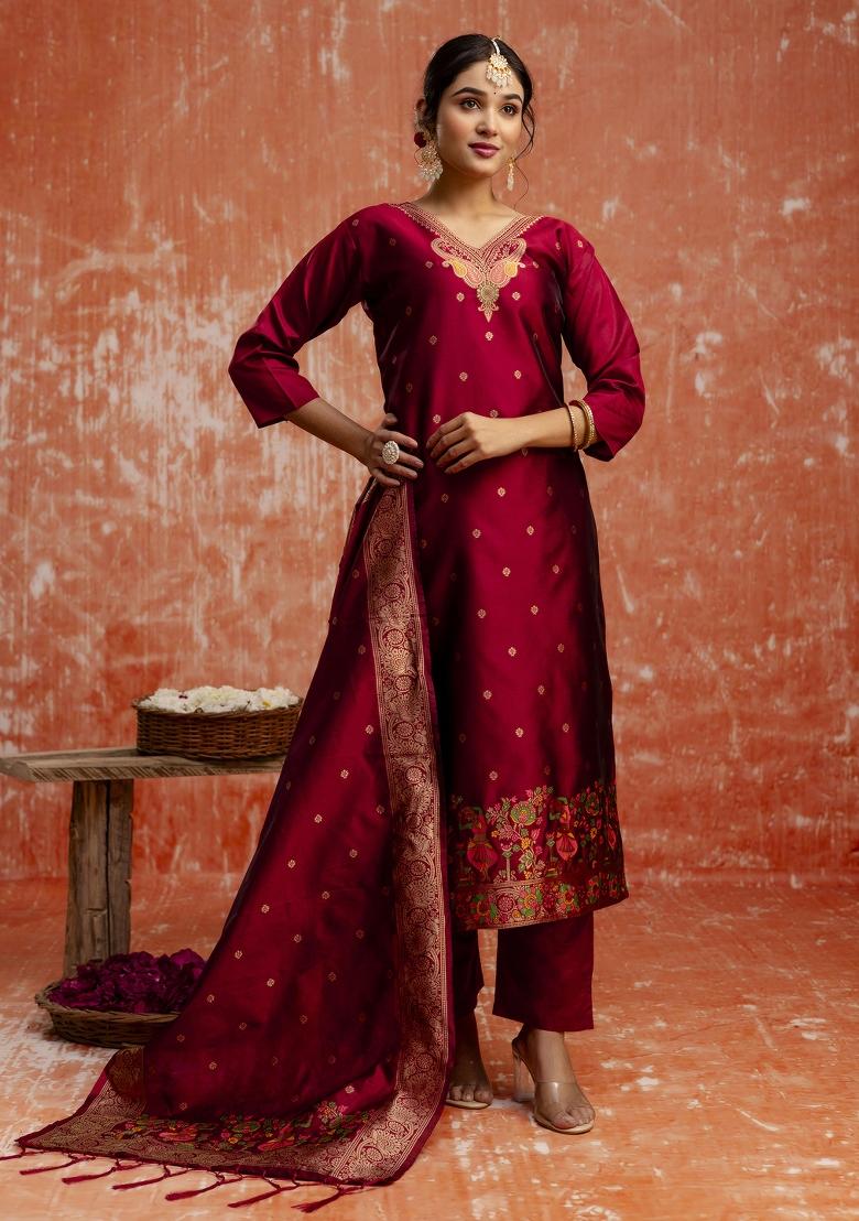 Maroon Zari Work Cotton Salwar Kameez