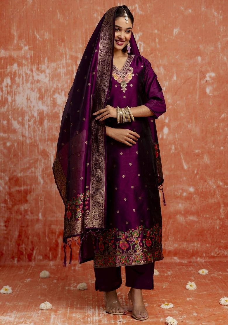 Purple Zari Work Cotton Salwar Kameez
