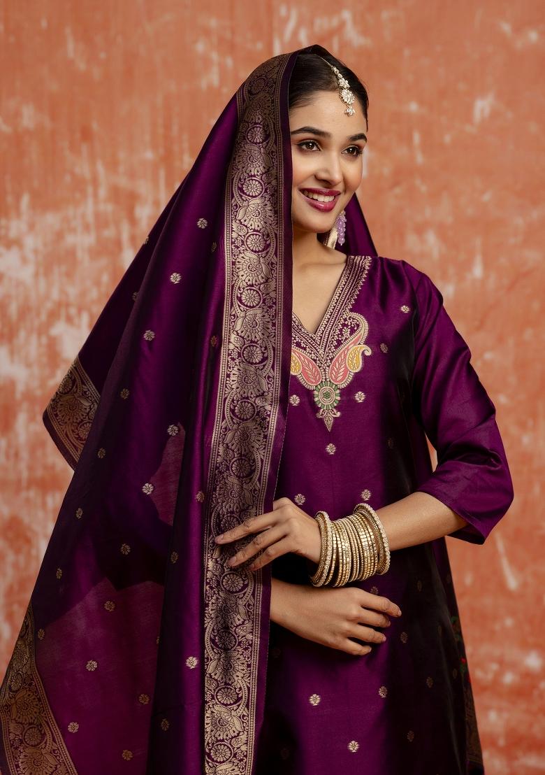 Purple Zari Work Cotton Salwar Kameez
