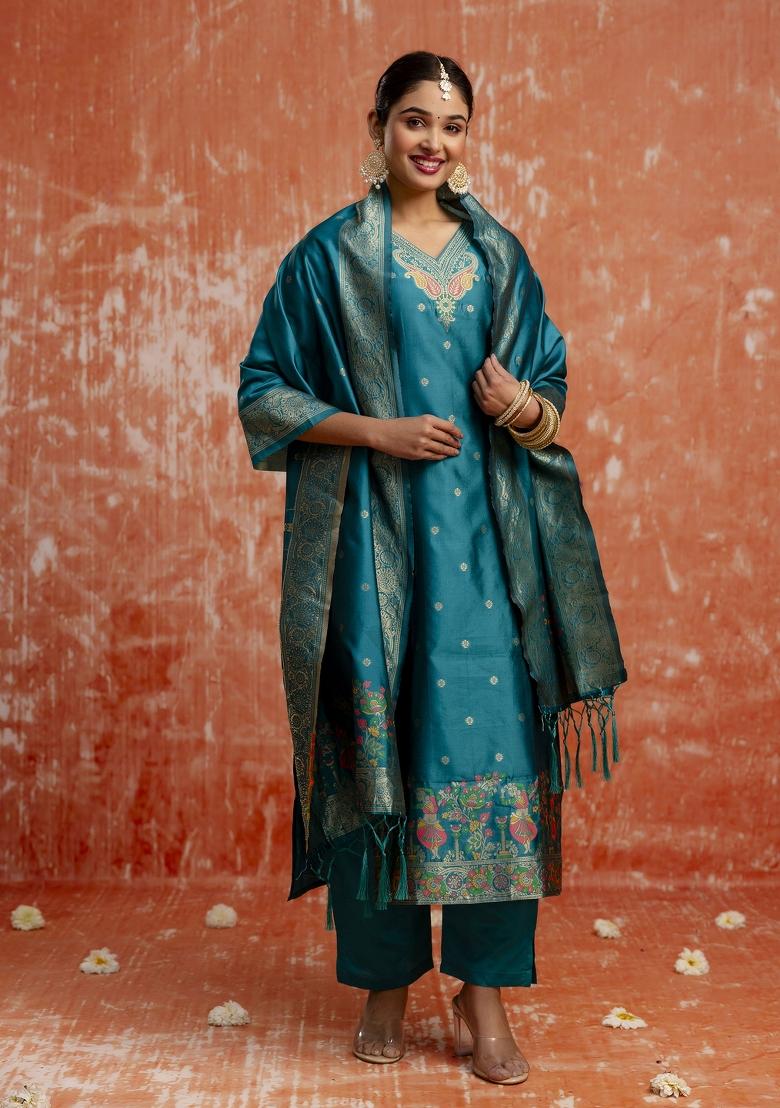 Rama Green Zari Work Cotton Salwar Kameez