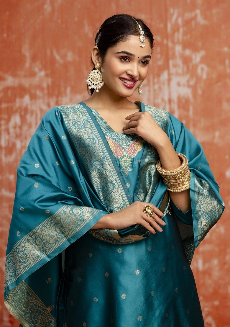 Rama Green Zari Work Cotton Salwar Kameez