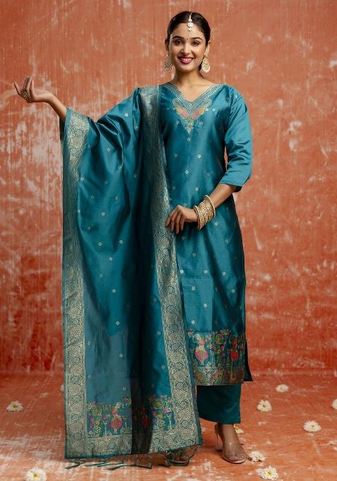 Rama Green Zari Work Cotton Salwar Kameez