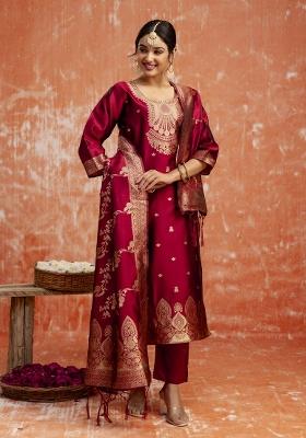 Maroon Zari Work Cotton Salwar Kameez