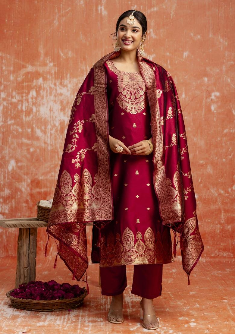 Maroon Zari Work Cotton Salwar Kameez