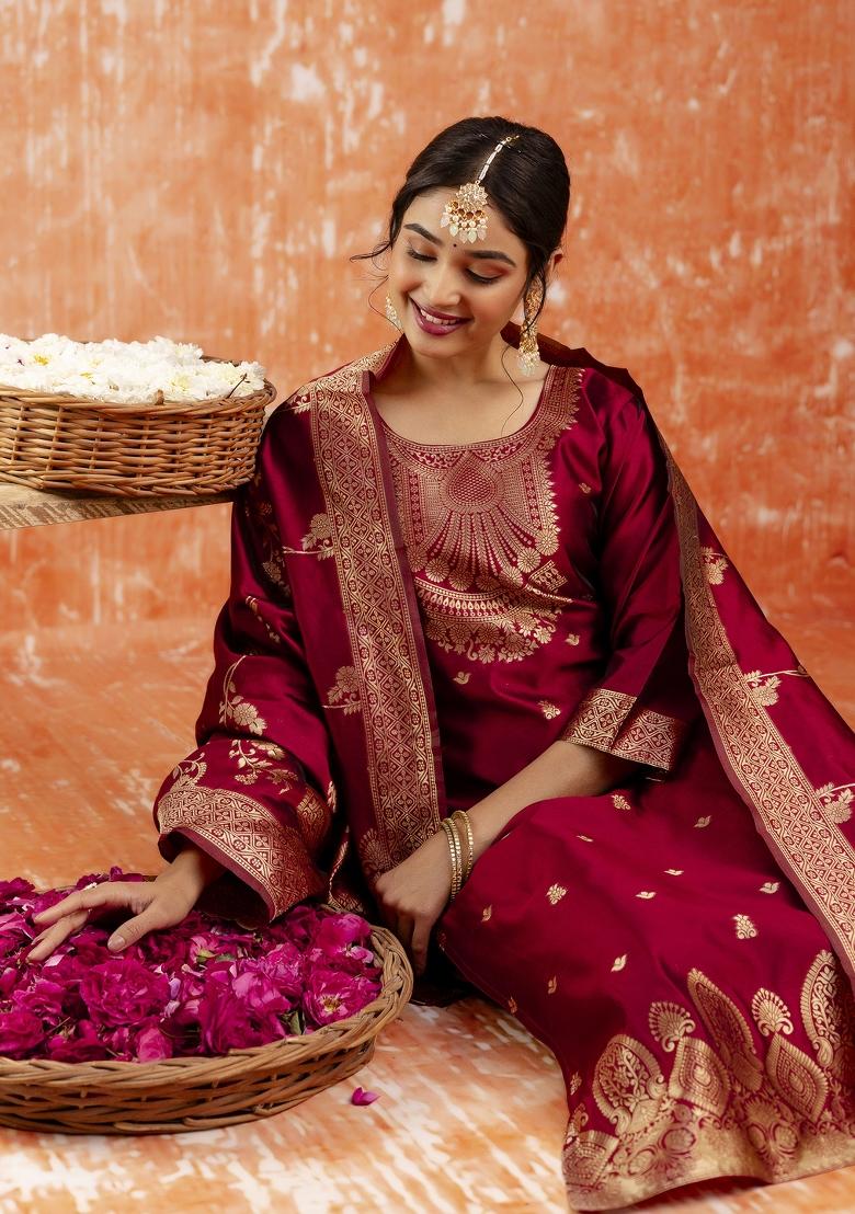 Maroon Zari Work Cotton Salwar Kameez