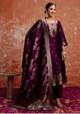 Purple Zari Work Cotton Salwar Kameez