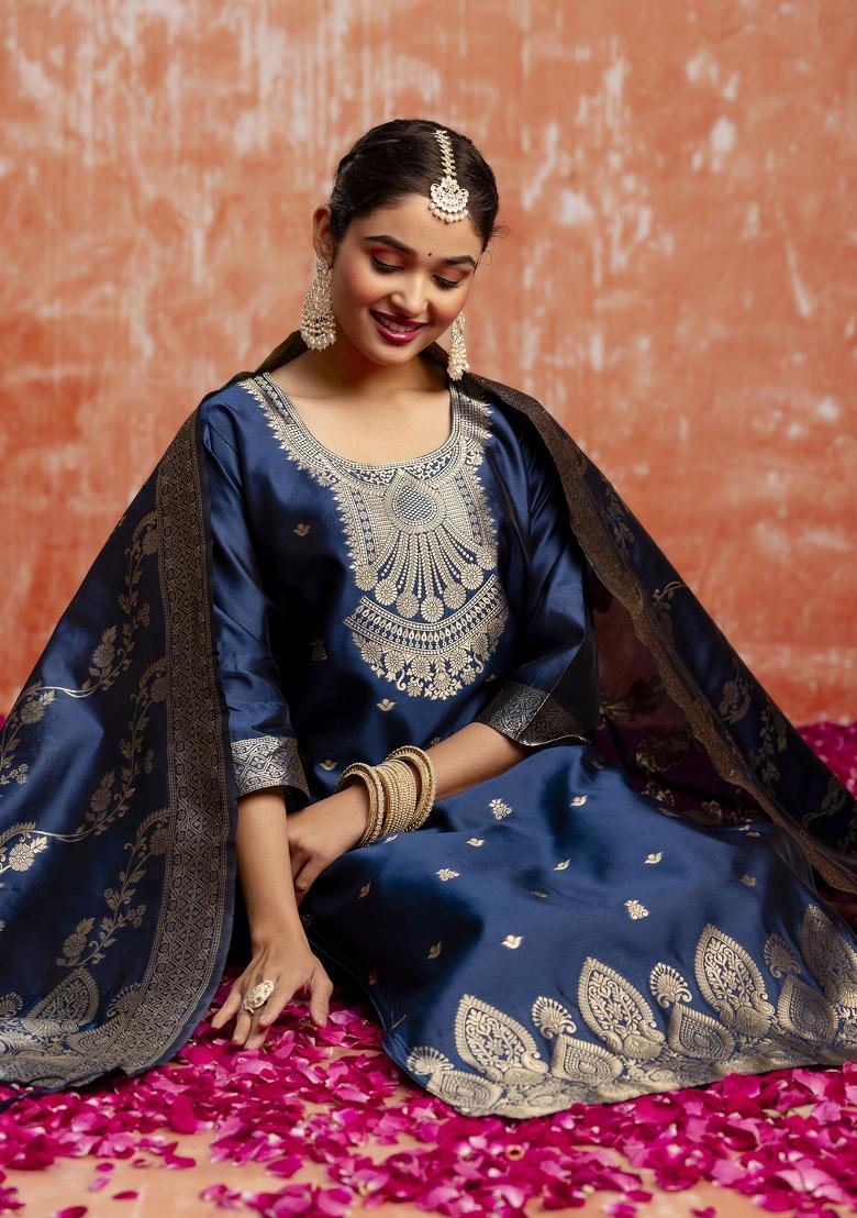 Teal Blue Zari Work Cotton Salwar Kameez