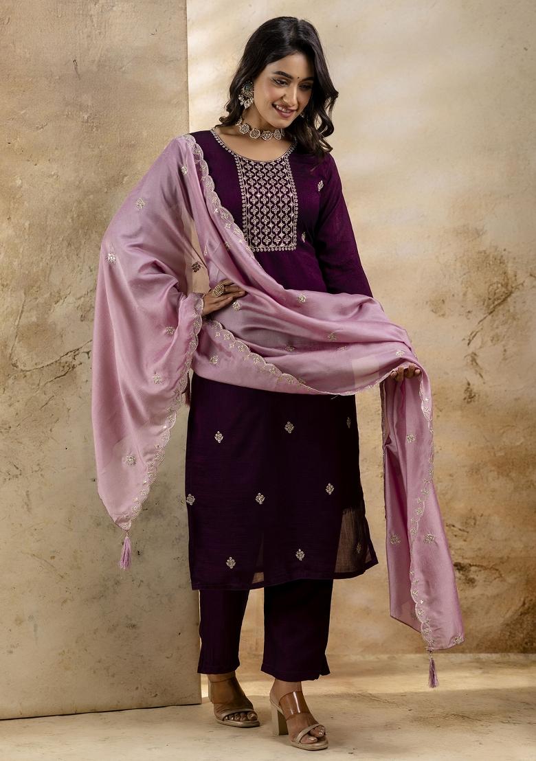 Purple Embroidered Silk Salwar Kameez
