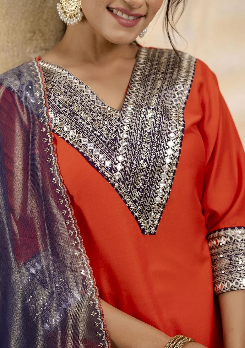 Orange Embroidered Viscose Rayon Salwar Kameez
