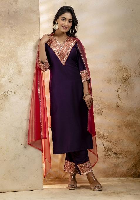 Purple Embroidered Viscose Rayon Salwar Kameez
