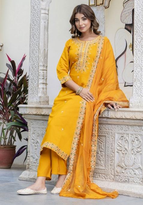 Yellow Embroidered Silk Salwar Kameez