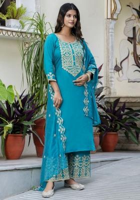 Teal Blue Embroidered Silk Salwar Kameez