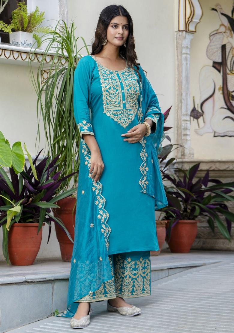 Teal Blue Embroidered Silk Salwar Kameez