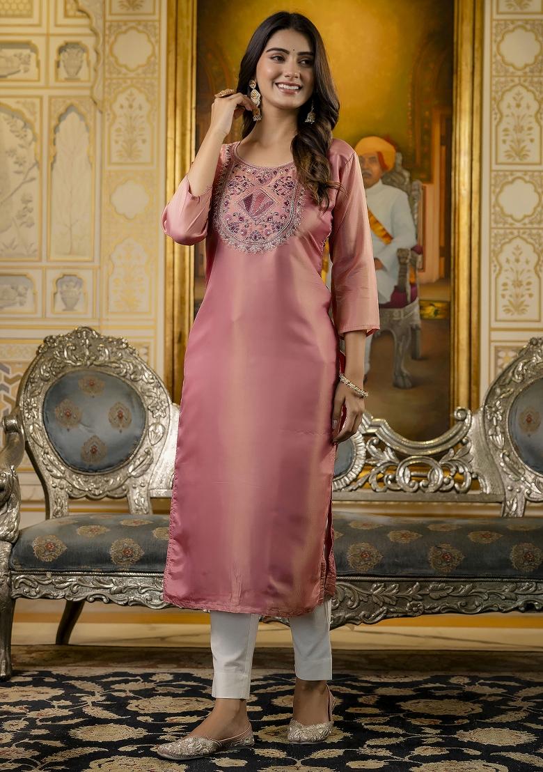 Baby Pink Embroidered Silk Kurta