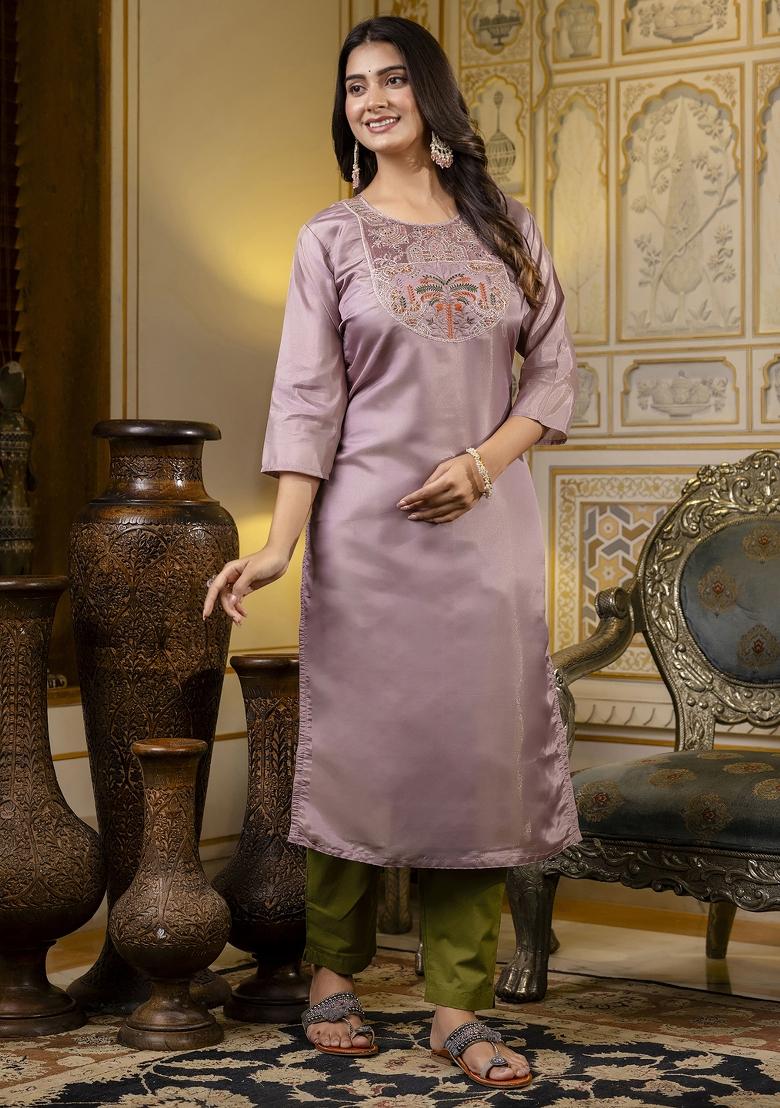 Levender Embroidered Silk Kurta