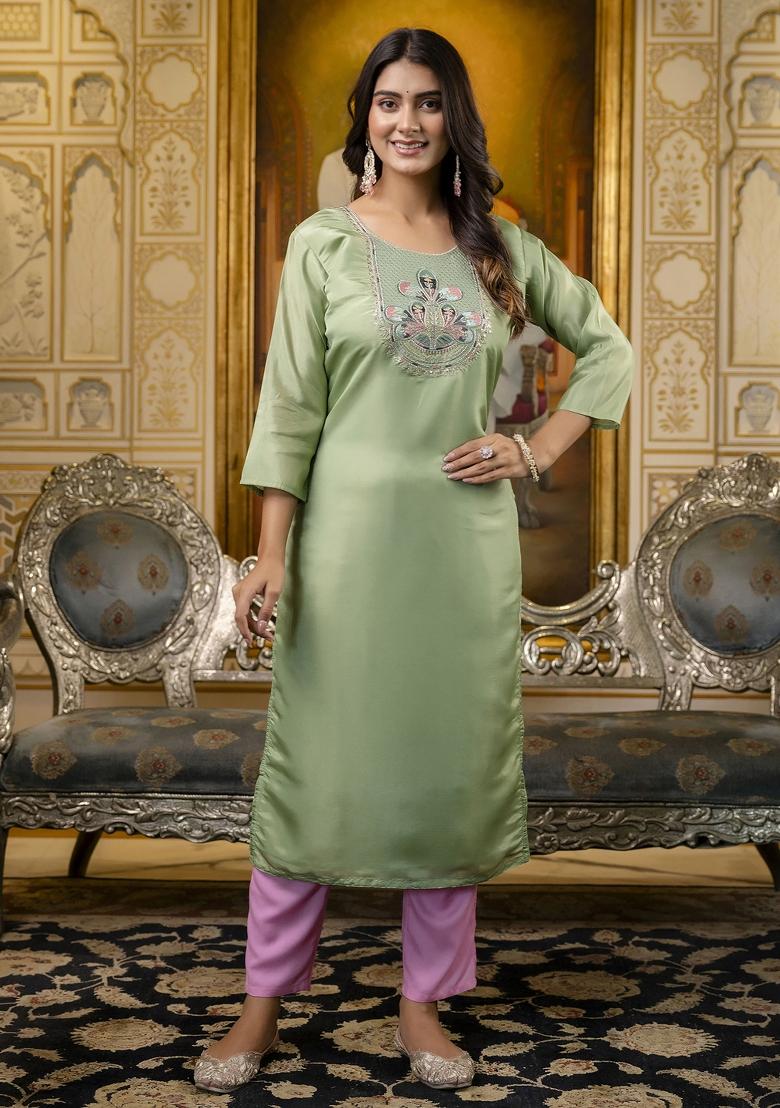 Pista Green Embroidered Silk Kurta
