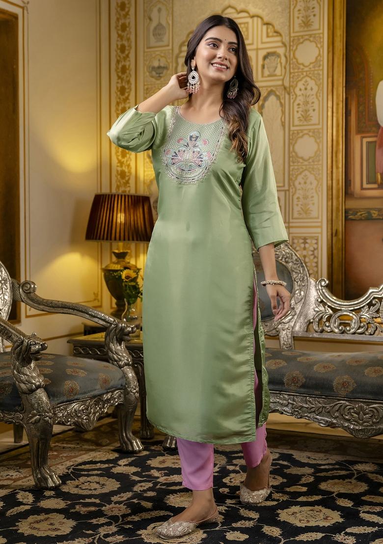 Pista Green Embroidered Silk Kurta