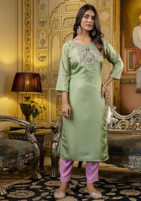 Pista Green Embroidered Silk Kurta