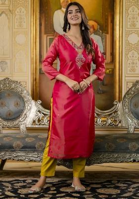 Pink Embroidered Silk Kurta