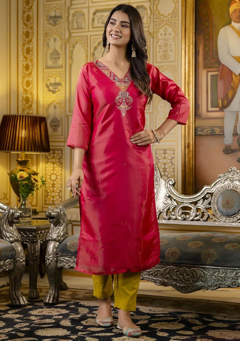 Pink Embroidered Silk Kurta