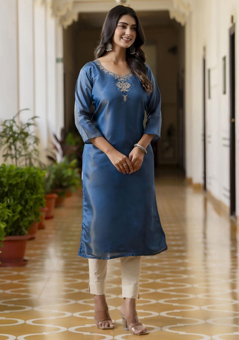 Teal Blue Embroidered Silk Kurta