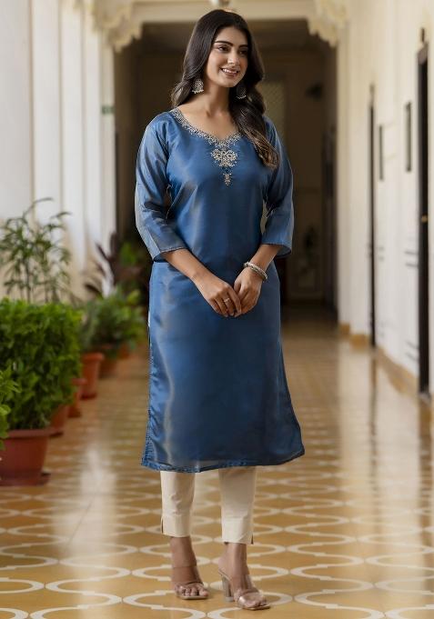 Teal Blue Embroidered Silk Kurta