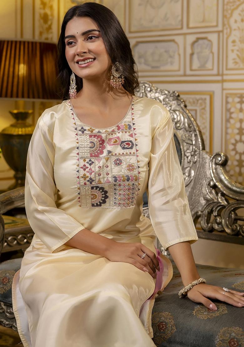 White Embroidered Silk Kurta
