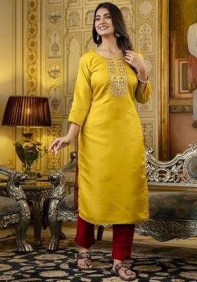 Yellow Embroidered Silk Kurta