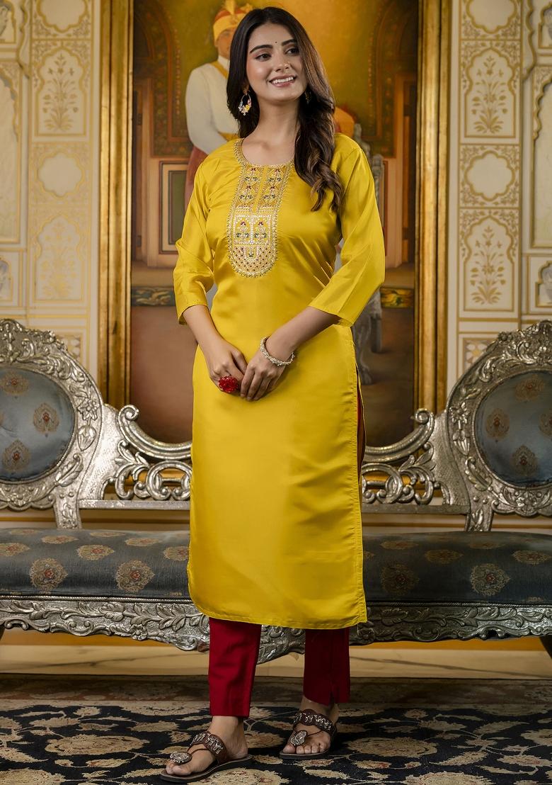 Yellow Embroidered Silk Kurta