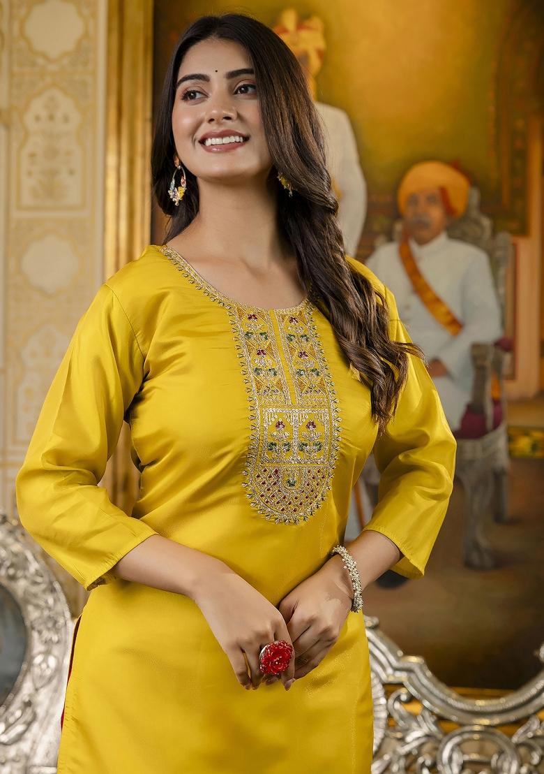 Yellow Embroidered Silk Kurta