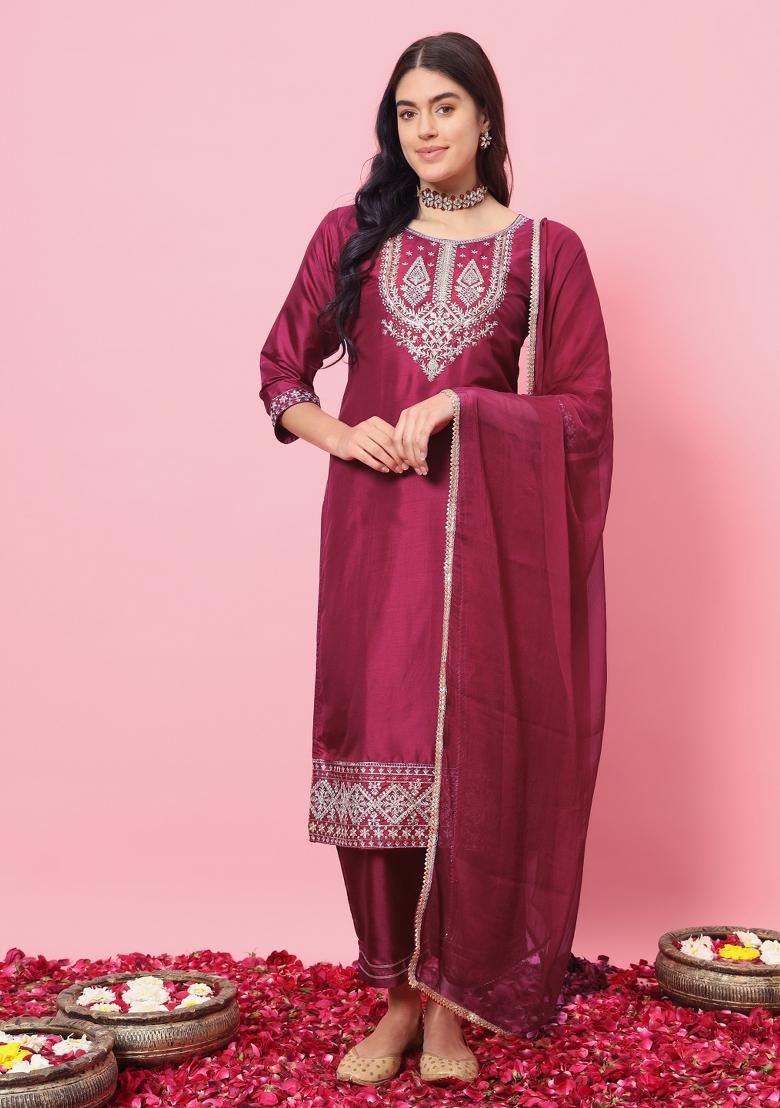 Cherry Red Embroidered Silk Salwar Kameez
