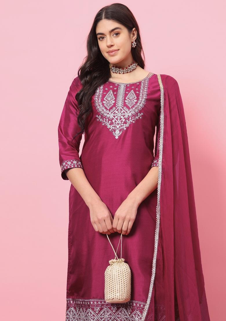 Cherry Red Embroidered Silk Salwar Kameez